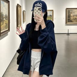 American Retro Oversized Hooded Sweatshirt Women Zip Up Solid Pockets Sports Hoodies Jacket Women Loose Lazy Style Hooded Coa