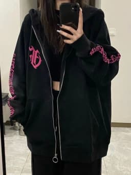 Gothic Letter Printed Zip Hoodie Oversized Sweatshirt Women Autumn Warm Thick Casual Hoodies Female Black Gray Tops Streetwear