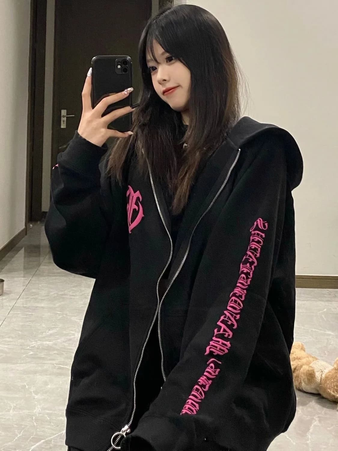 Gothic Letter Printed Zip Hoodie Oversized Sweatshirt Women Autumn Warm Thick Casual Hoodies Female Black Gray Tops Streetwear