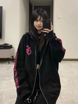 Gothic Letter Printed Zip Hoodie Oversized Sweatshirt Women Autumn Warm Thick Casual Hoodies Female Black Gray Tops Streetwear