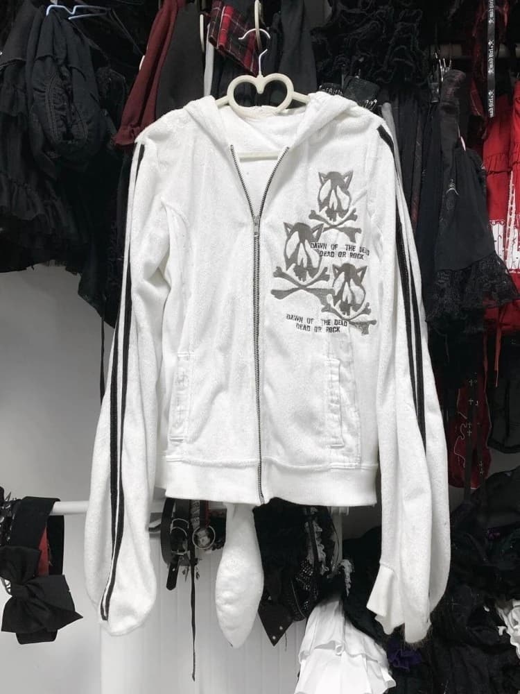 Vintage Cute Cat Skull Graphic Grunge Jacket Women Y2k Aesthetic Zipper Hoodies Harajuku Patchwork Casual Sweatshirt Streetwear