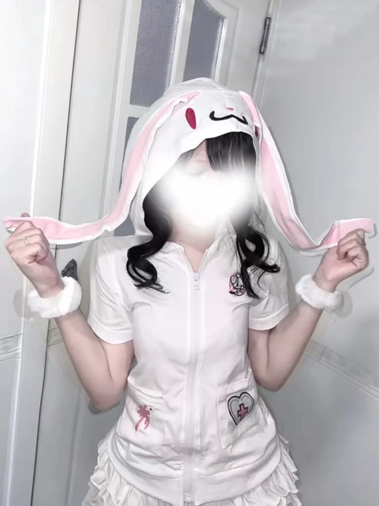 Japanese Cartoon Embroidery Rabbit's Ears Hoodies 2026 Women Casual Pocket Sweatshirt Y2k Aesthetic Vintage Grunge Zipper Hoody