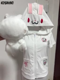 Japanese Cartoon Embroidery Rabbit's Ears Hoodies 2026 Women Casual Pocket Sweatshirt Y2k Aesthetic Vintage Grunge Zipper Hoody