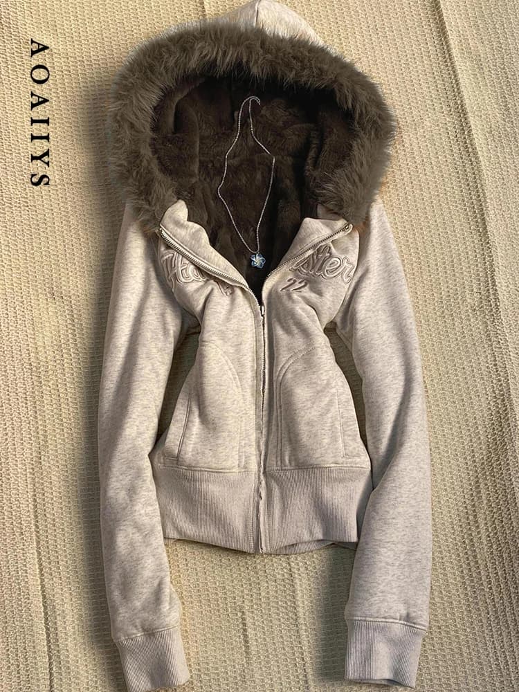 Aoaiiys Y2k Hoodies Women's Aesthetic Vintage Burr Edge Hooded Outerwear Autumn Winter New Letter Embroidery Zipper Sweatshirt