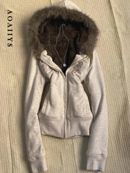 Aoaiiys Y2k Hoodies Women's Aesthetic Vintage Burr Edge Hooded Outerwear Autumn Winter New Letter Embroidery Zipper Sweatshirt