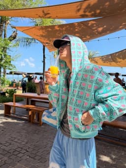 Women Couple Y2K Emo Zip Up Hoodie Mint Green Full‑Print Pink Heart Letter Oversized Hooded Jacket Streetwear Loose Outerwear