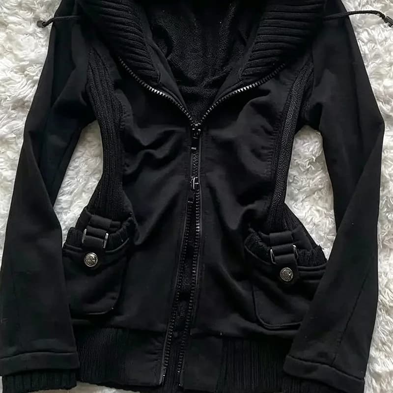 Y2K Gothic Female Zipper Hooded Jacket Waist Slim Long Sleeve hooded Sports Street Wind Jacket Punk High Street