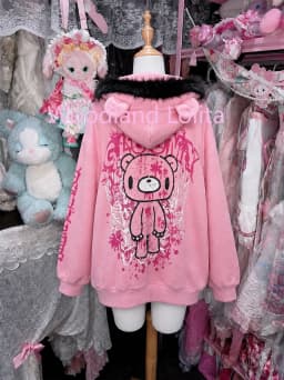 Autumn Winter Japanese Dark Gothic Hooded Coat Women Fur Collar Cartoon Bear Loose Hoodie Sweatshirts Y2K Coat Jacket Jirai Kei