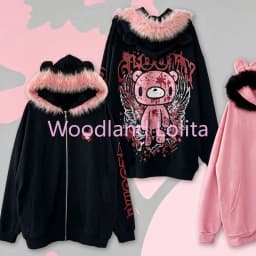 Autumn Winter Japanese Dark Gothic Hooded Coat Women Fur Collar Cartoon Bear Loose Hoodie Sweatshirts Y2K Coat Jacket Jirai Kei