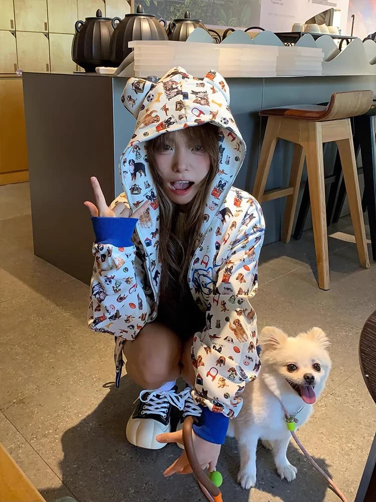 Cute Short Casual Hoodie Women's Spring Autumn 2026 New Style Small Size Dog Print Open Cardigan Jacket Sweet Cool