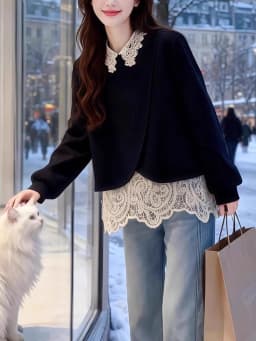 plus Size Lace Splice Loose Fit Sweatshirt Women's Fake Two-Piece Style Autumn Winter New Arrival Korean Commute Fashion