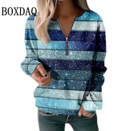 Striped Zipper V-Neck High Street Woman Long Sleeved Sweatshirt Autumn Color Blocked Printed Women's Tops Loose Casual Clothes