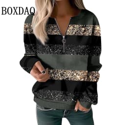 Striped Zipper V-Neck High Street Woman Long Sleeved Sweatshirt Autumn Color Blocked Printed Women's Tops Loose Casual Clothes