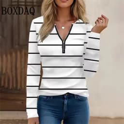 Striped Zipper V-Neck High Street Woman Long Sleeved Sweatshirt Autumn Color Blocked Printed Women's Tops Loose Casual Clothes