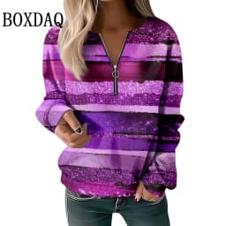 Striped Zipper V-Neck High Street Woman Long Sleeved Sweatshirt Autumn Color Blocked Printed Women's Tops Loose Casual Clothes