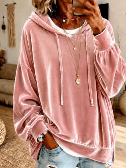  2026 Women Velvet Hoodie Drawstring Long Sleeve Sweatshirt Solid Loose Pullover Tops Elegant Casual Hooded Autumn Winter Fashi