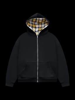 Women Black Unisex Hooded Zip Up Reversible Jacket with Brown Plaid Lining, Versatile Casual Outdoor Sportswear Comfortable Warm