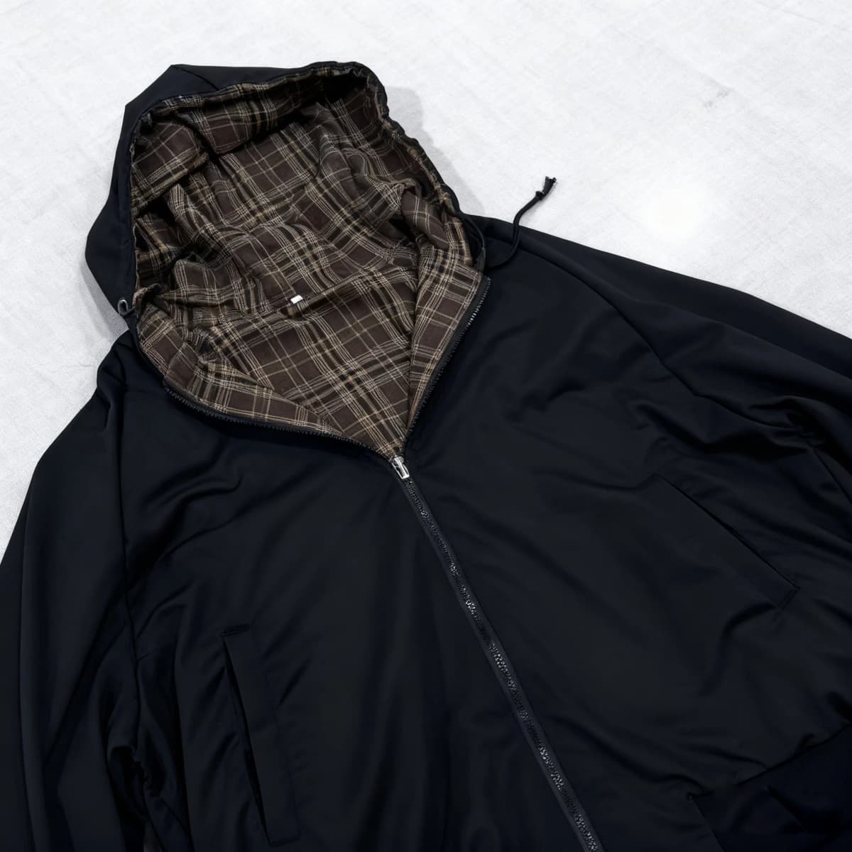 Women Black Unisex Hooded Zip Up Reversible Jacket with Brown Plaid Lining, Versatile Casual Outdoor Sportswear Comfortable Warm