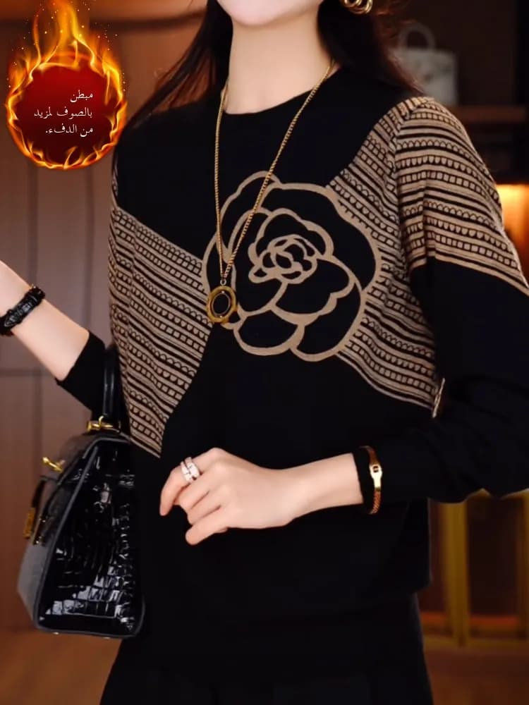 Elegant round Neck Double Faced Velvet Printed Long Sleeve Women's Autumn Winter Loose Inner Warmth Headwear Fashionable Momm...