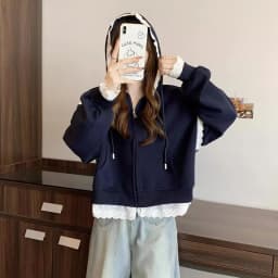Sweet Lace Patchwork Hoodies Women Autumn Loose Casual Zipper Sweatshirts Long Sleeve Solid Simple Preppy Korean Female Coats