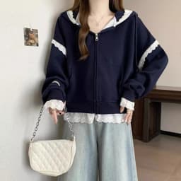 Sweet Lace Patchwork Hoodies Women Autumn Loose Casual Zipper Sweatshirts Long Sleeve Solid Simple Preppy Korean Female Coats