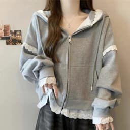 Sweet Lace Patchwork Hoodies Women Autumn Loose Casual Zipper Sweatshirts Long Sleeve Solid Simple Preppy Korean Female Coats