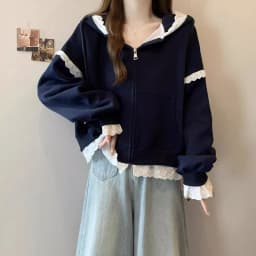 Sweet Lace Patchwork Hoodies Women Autumn Loose Casual Zipper Sweatshirts Long Sleeve Solid Simple Preppy Korean Female Coats
