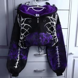 Women Gothic Star Moon Print Fleece Lined Hoodie Bat Wing Back Chain Zip Up Cropped Drawstring Y2K Punk Streetwear Sweat Jacket