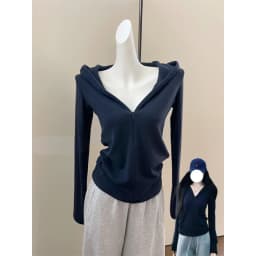 Elegant Style Zipper Hoodie Women's Loose Fit Slimming Outerwear Early Autumn Casual Style V-Neck Korean Fashion Blue