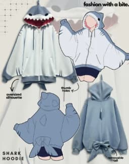 New Hip Hop Kawaii 3D Shark Zipper with Fin Hood Detachable Tail Bow Hoodie Cartoon Harajuku Women's Casual Hooded Jacket
