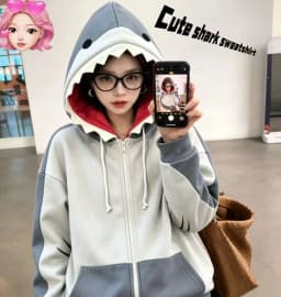 New Hip Hop Kawaii 3D Shark Zipper with Fin Hood Detachable Tail Bow Hoodie Cartoon Harajuku Women's Casual Hooded Jacket