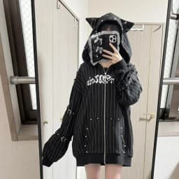 American Gothic Y2k Hoodies Jackets Women Vintage Zipper Striped Cat Ear Hooded Coats Subclture Rivet Print Fashion Sweatshirts