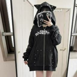 American Gothic Y2k Hoodies Jackets Women Vintage Zipper Striped Cat Ear Hooded Coats Subclture Rivet Print Fashion Sweatshirts