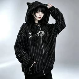 American Gothic Y2k Hoodies Jackets Women Vintage Zipper Striped Cat Ear Hooded Coats Subclture Rivet Print Fashion Sweatshirts