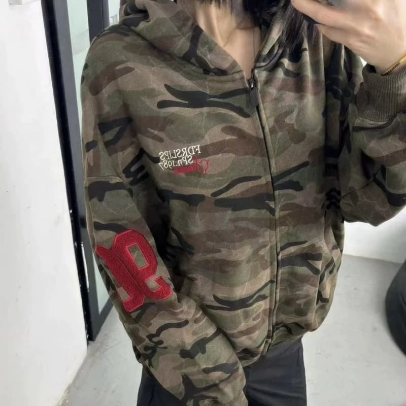 Streetwear Camouflage Casual Hoodies Harajuku Letter Embroidery Punk Jacket Women Y2k Aesthetic Pocket Casual Grunge Sweatshirts