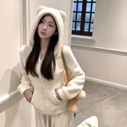 Cute Bear Ear Hooded Warm Plush Jacket for Women Autumn Winter Slim Fit Thick Outerwear Woman Casual Solid Zipper Sweatshirt