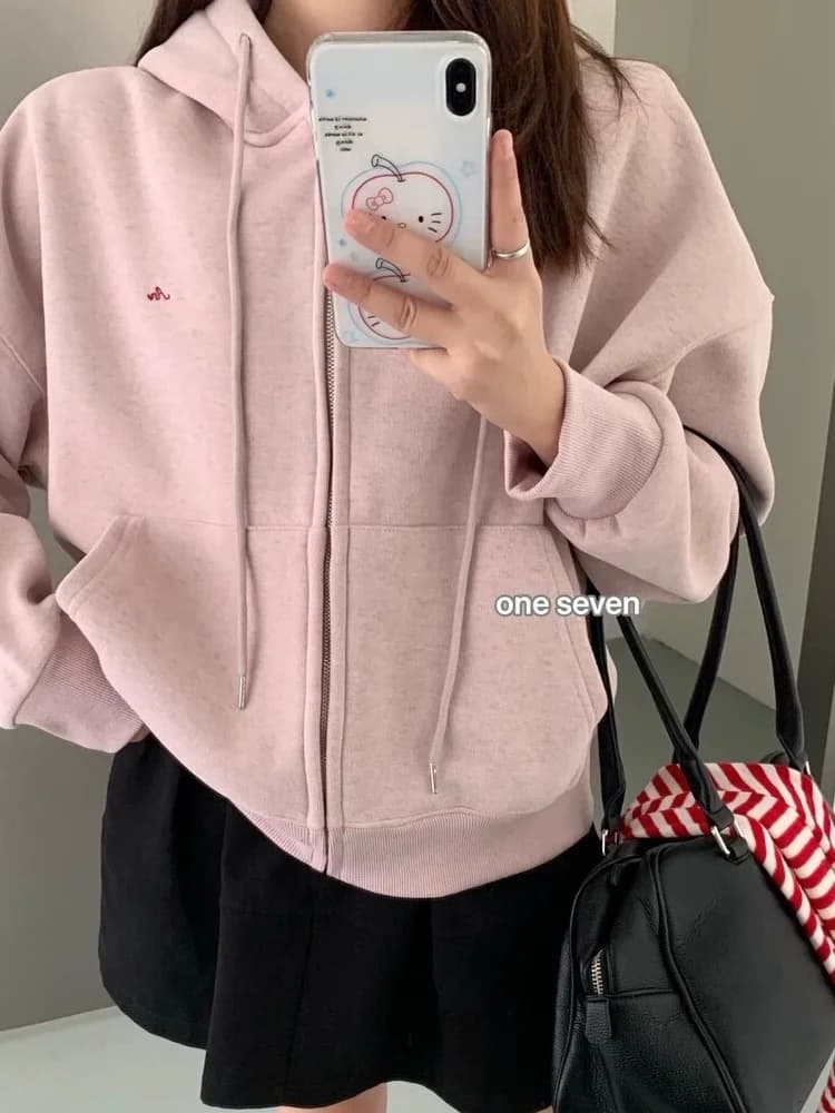 Korean Style Loose Fit Hooded Embroidered Fleece Lined Thickened Sweatshirt Women's Jacket Cardigan Outerwear Winter New Arrival