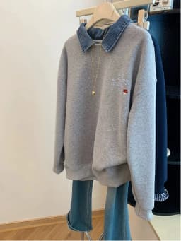 plus Size Women's Grey Collar Patchwork Embroidery Sweatshirt Slimming Fake Two-Piece Top Korean Style Autumn Wear
