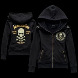 Women Punk Goth Y2K Hooded Zip Up Sweatshirt with Skeleton Cross Bones Pattern and Gold Lettering Fall Winter Streetwear Top