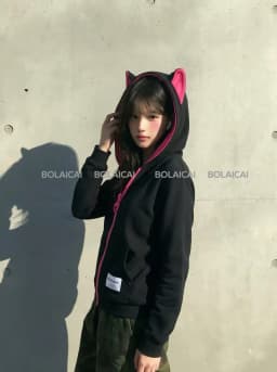 Y2K Rose Pink Big Zip Sweatshirt Women Harajuku Cute Kitten Ear Graphic Hooded Sweatshirt Gothic Black Slim Fit Hoodie Jacket