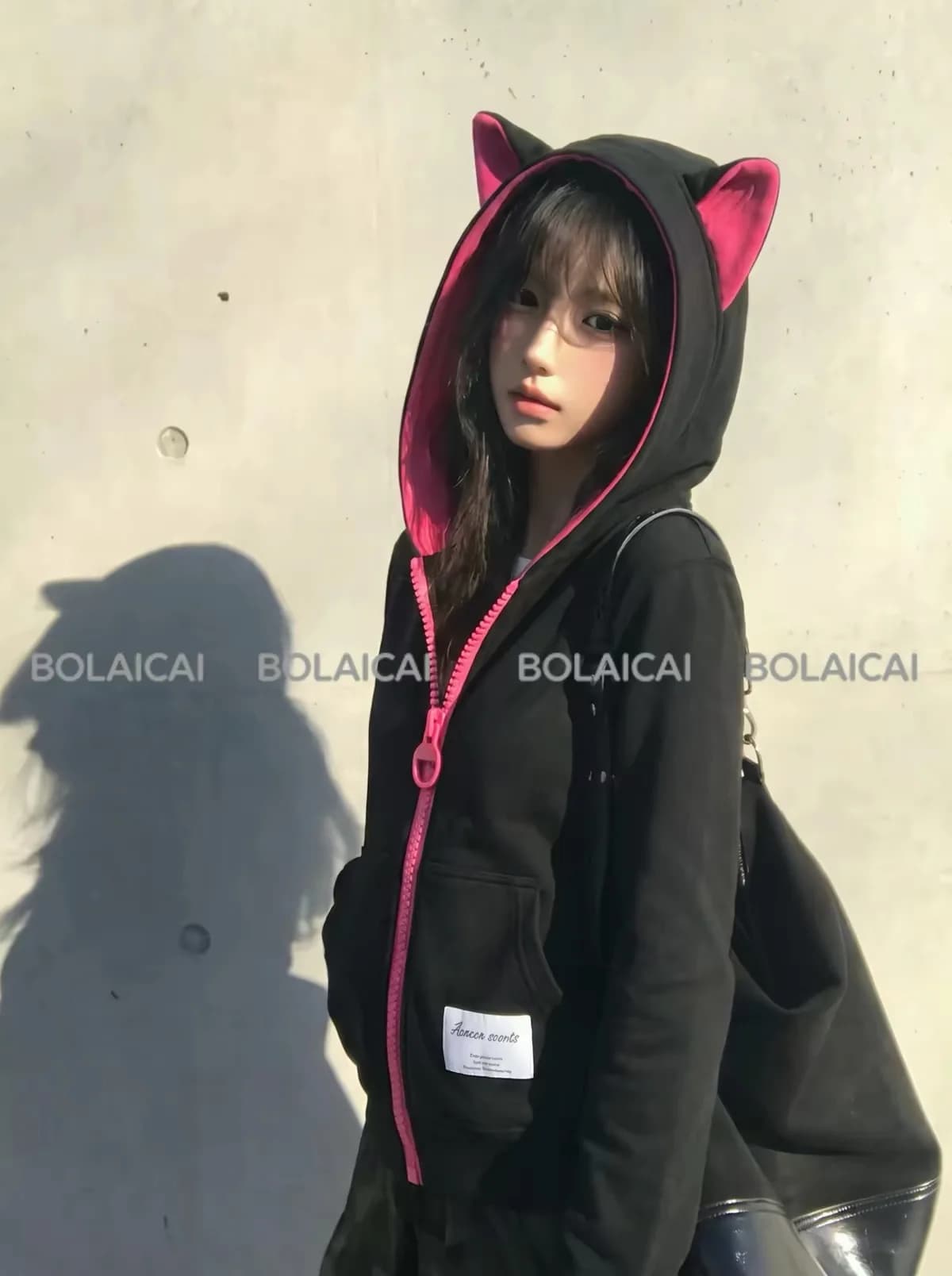 Y2K Rose Pink Big Zip Sweatshirt Women Harajuku Cute Kitten Ear Graphic Hooded Sweatshirt Gothic Black Slim Fit Hoodie Jacket