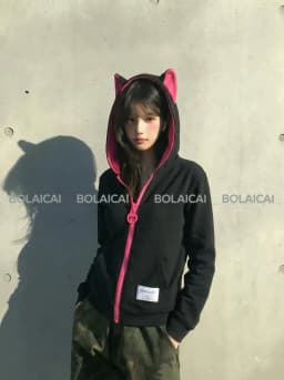 Y2K Rose Pink Big Zip Sweatshirt Women Harajuku Cute Kitten Ear Graphic Hooded Sweatshirt Gothic Black Slim Fit Hoodie Jacket