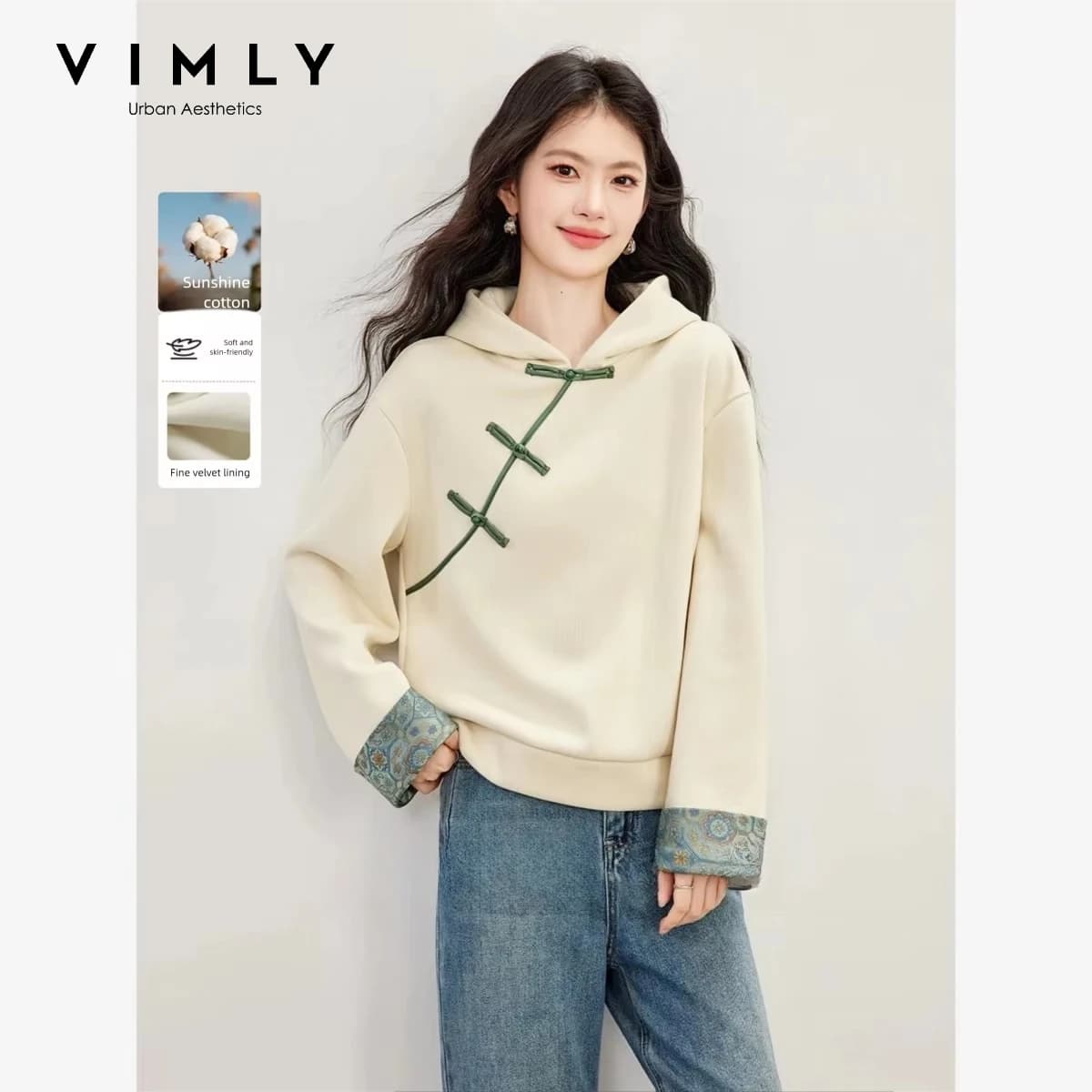 VIMLY New Chinese Style Hooded Sweatshirt Fall Winter Color Contrast Frog Button Fleece Lined Thickened Pullover Ladies A7683