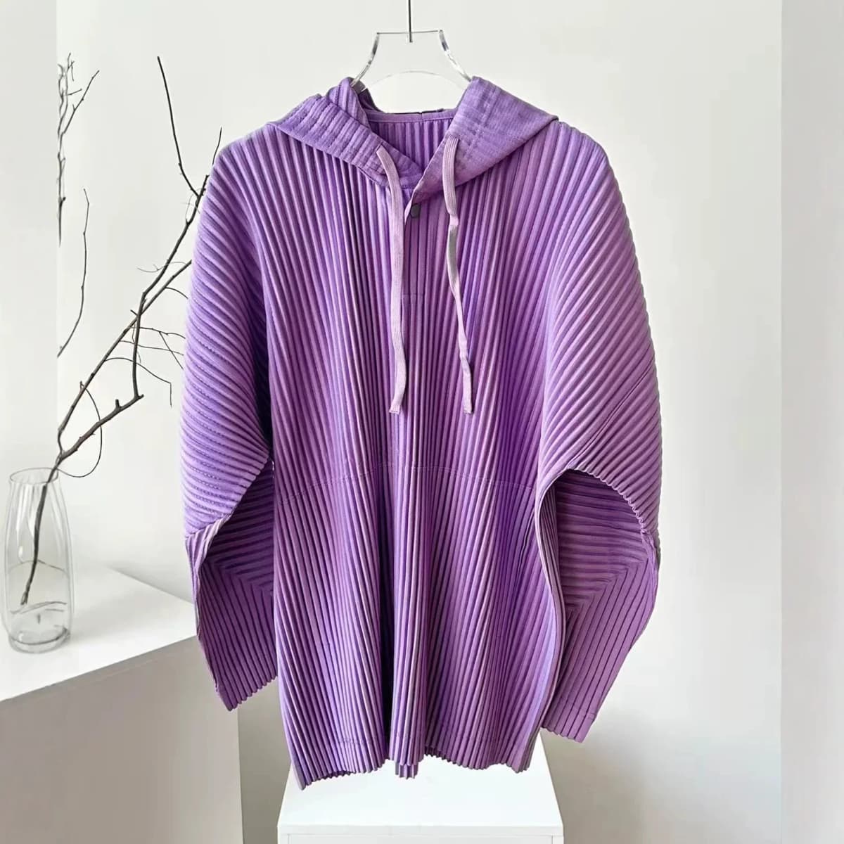 Miyake Women Pleated Hooded Top Drawstring Long Sleeve Loose Solid Color Vertical Pleat Blouse