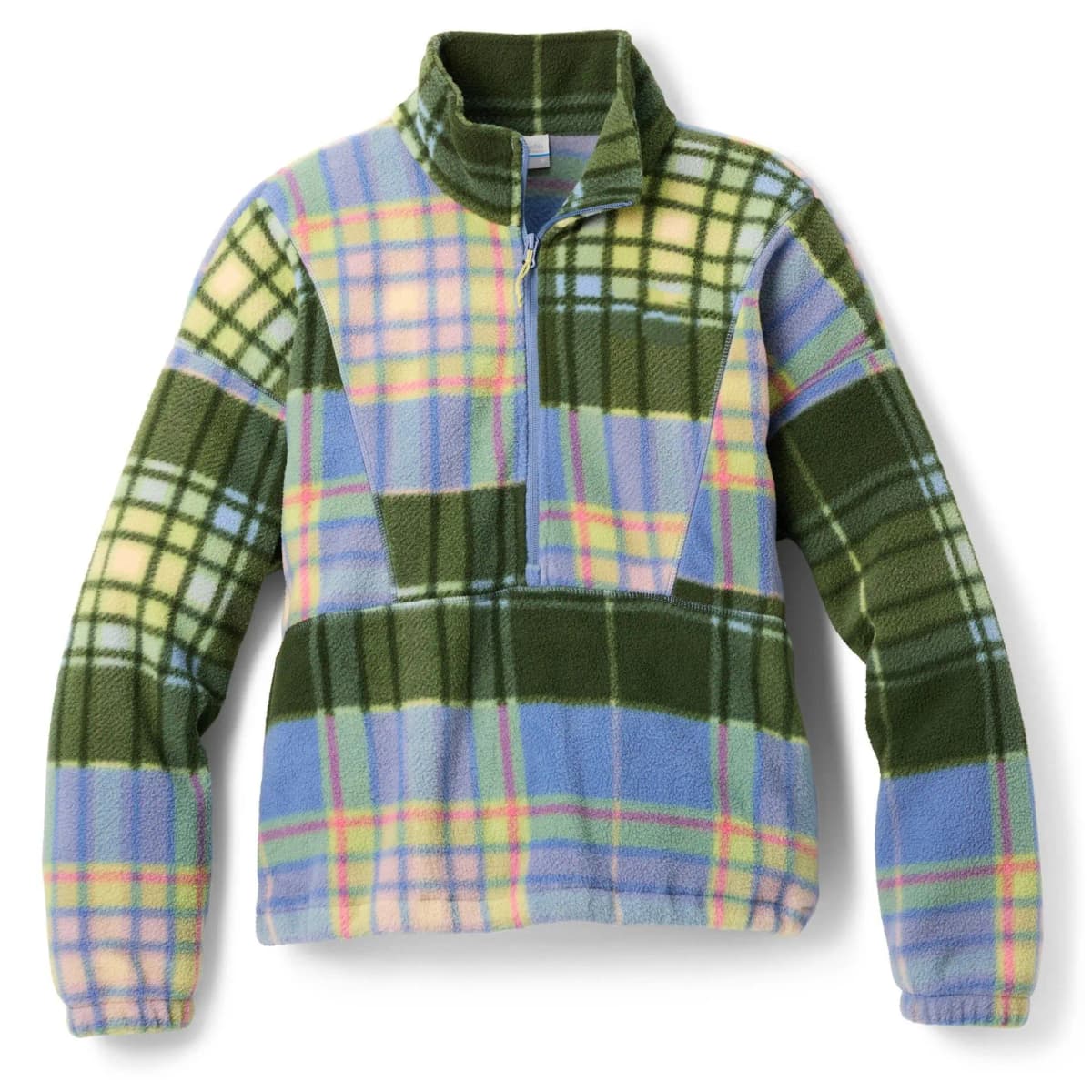 Color Block Plaid Half Zip Sweatshirt Men Women Retro Stand Collar Kangaroo Pocket Rib Cuff Long Sleeve Outdoor Loose Pullover