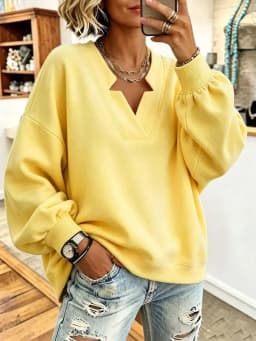 Women's Autumn Winter V-neck Loose Comfortable Ribbed Cuffs Hoodies Sweatshirt  Solid Color Loose Fitting Pullover Hoodie