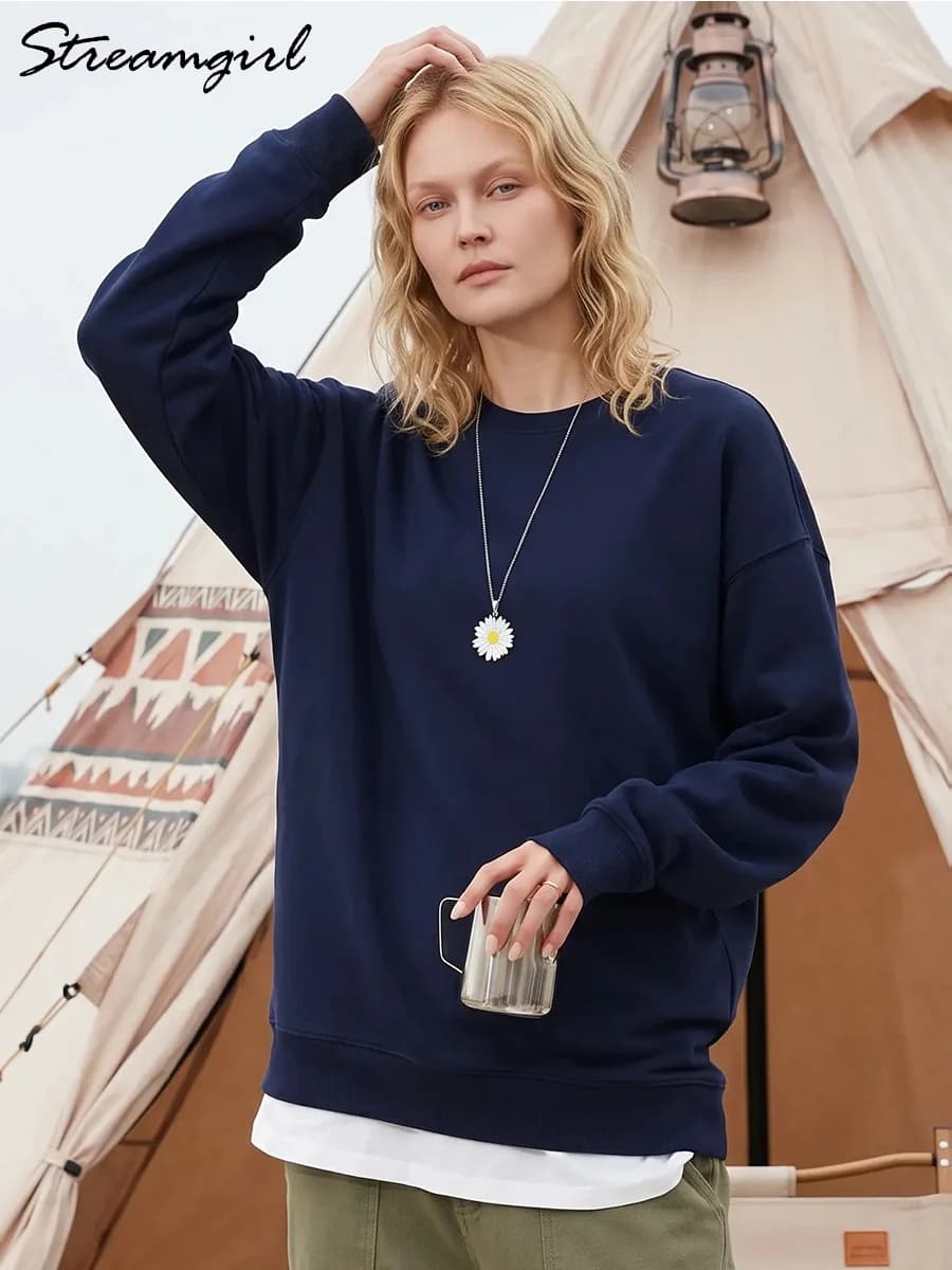 Streamgirl Loose Sweatshirt Women Autumn Basic Plain Sport Cotton Pullover Casual Navy Blue Women Sweatshirts High Quality Tops