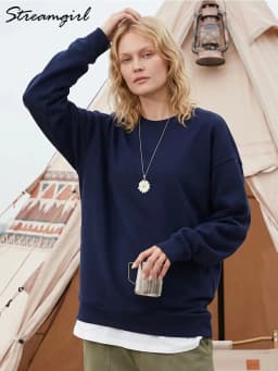 Streamgirl Loose Sweatshirt Women Autumn Basic Plain Sport Cotton Pullover Casual Navy Blue Women Sweatshirts High Quality Tops