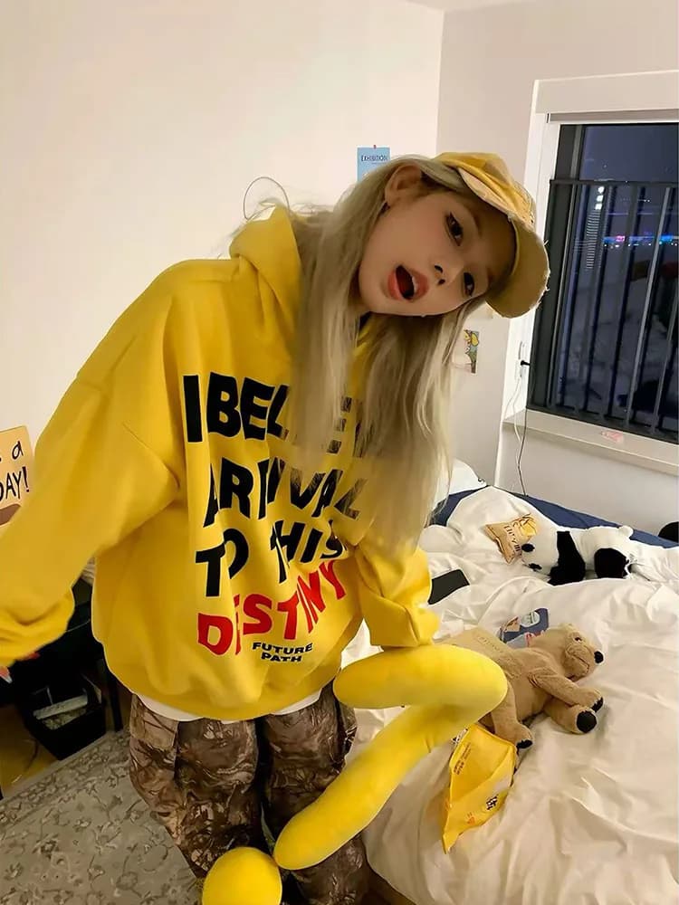 Letter Print Hoodie for Women American Loose Streetwear Warm Pullover Bf Autumn Winter Thick All Match Yellow Sweatshirts