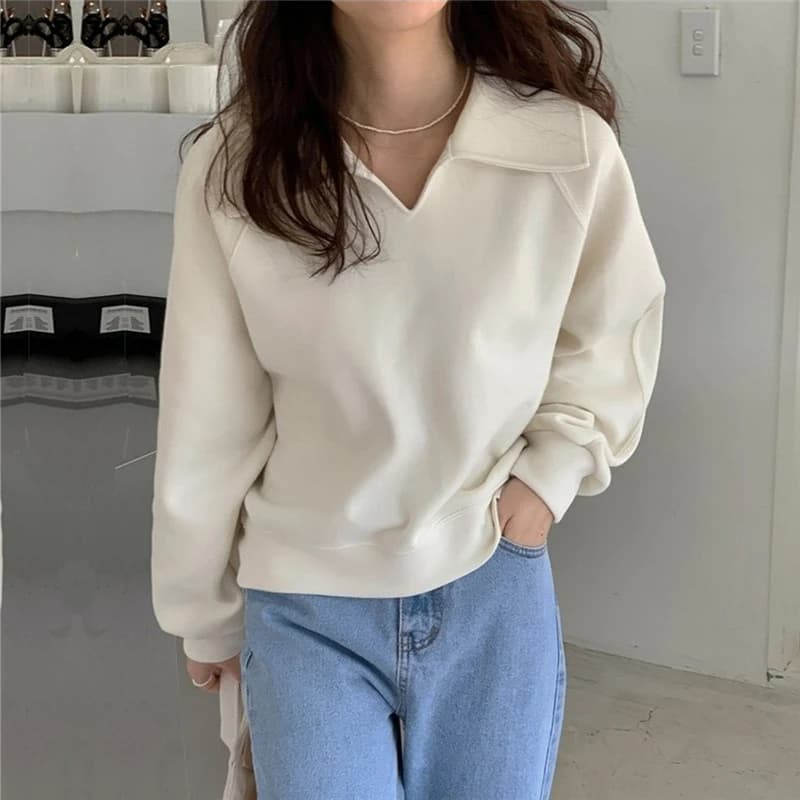 Fashion Simple Sweatshirt Women Casual Turn Down Collar Loose Autumn Pullover Office Lady All Match Long Sleeve Solid Tops New